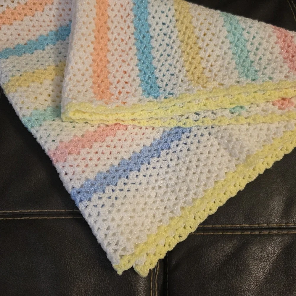 Vintage Handmade Afghan Knitted Blanket Throw‎ Multi Colored Stripe 44 X 44